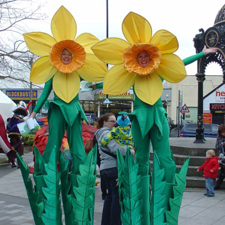 Marcheurs sur échasses de fleurs de jonquilles