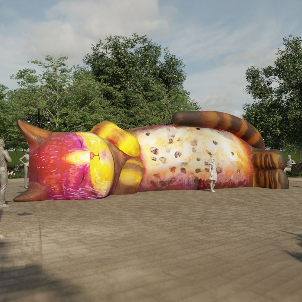 Riesige schlafende Katzeninstallation